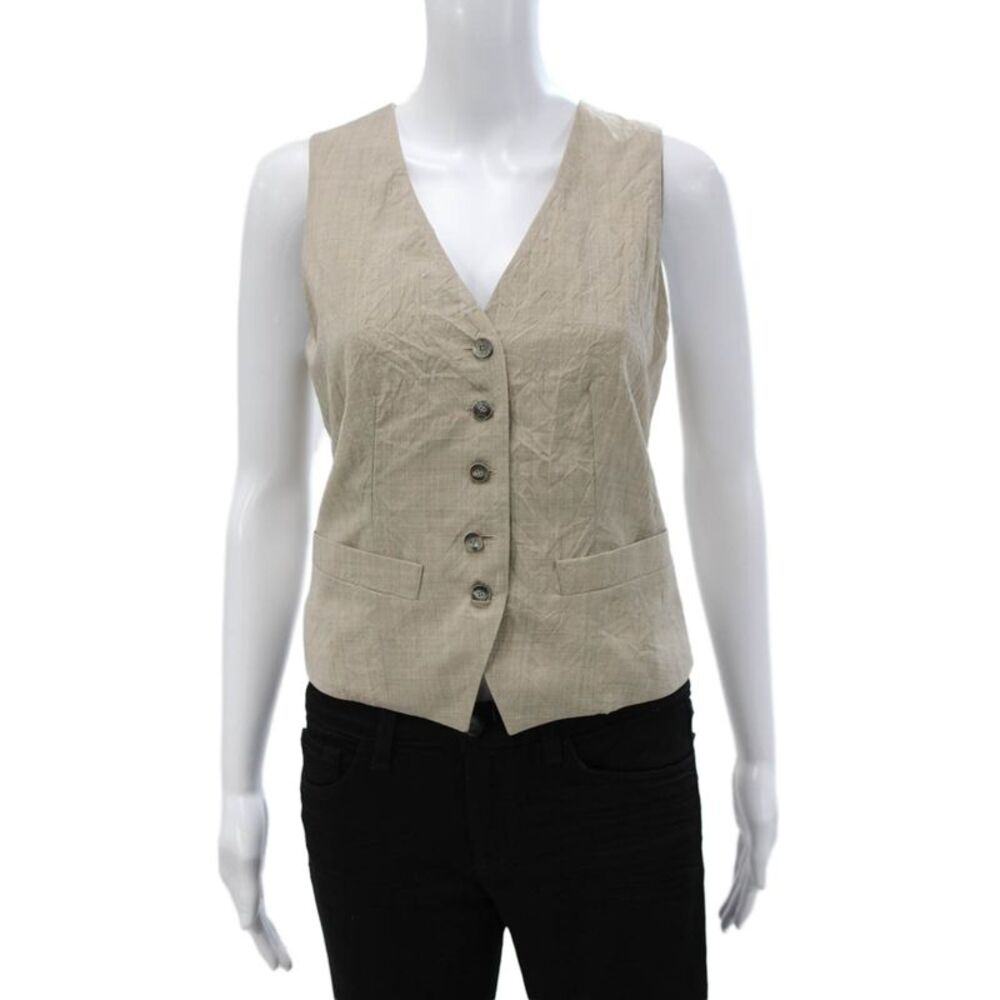 QL2 Women Beige Wool V-Neck Button Vest Sleeveless Solid Fall Size 42
